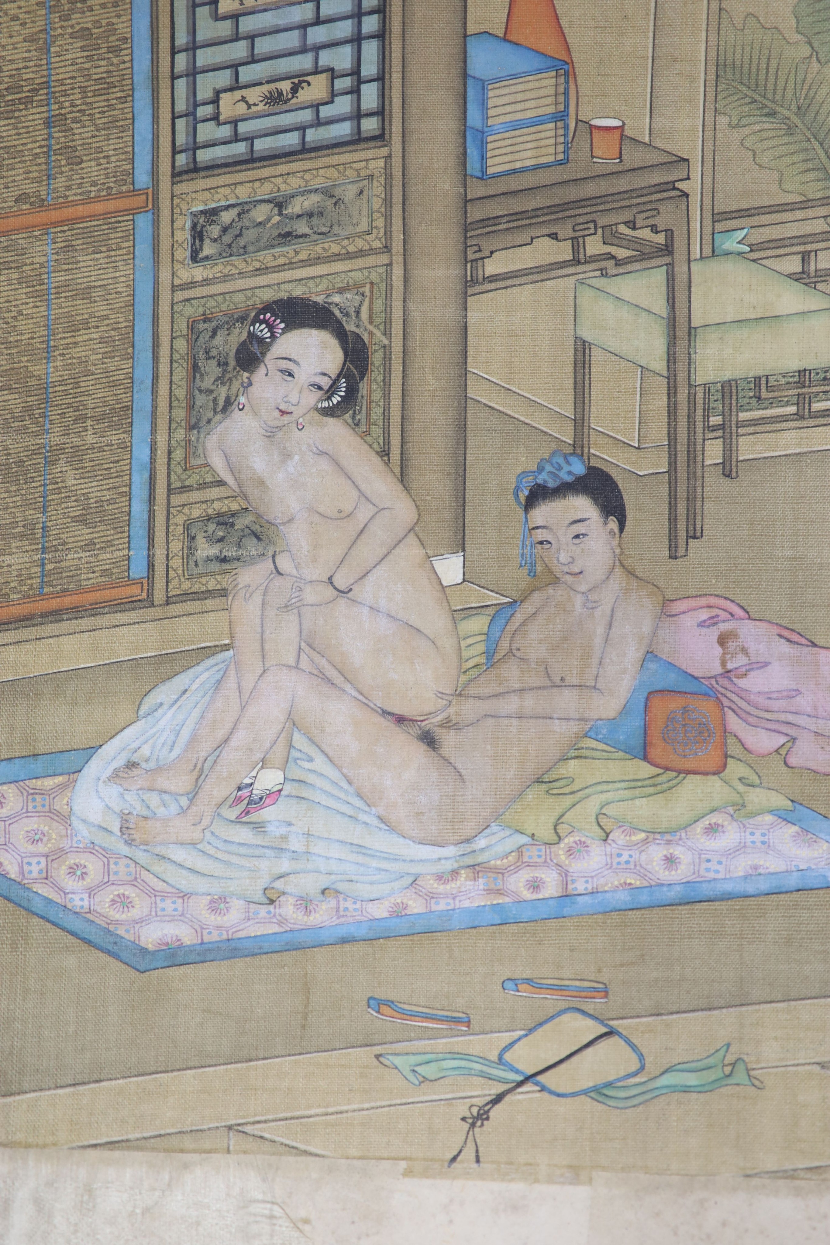 A group of six 19th century Chinese erotic paintings on silk, 27 x 22cm total dimensions